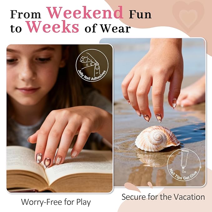 16 Sizes Press on Nails Kit for Kids - 32 Pieces French Almond Fake Nail Tips for Girls 8-12 Years Old with Jelly Nail Adhesives & No-Lamp Nail Glue, Birthday Christmas Gifts (Cozy Autumn)