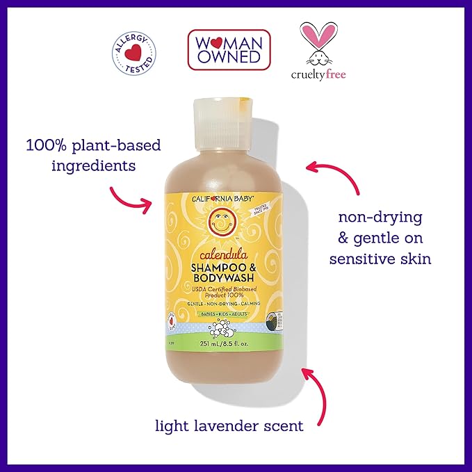 California Baby Calendula Baby Shampoo + Baby Wash | 100% Plant-Based | Soothing Lavender Body Wash Sensitive Skin | Hypoallergenic | 251 mL / 8.5 oz
