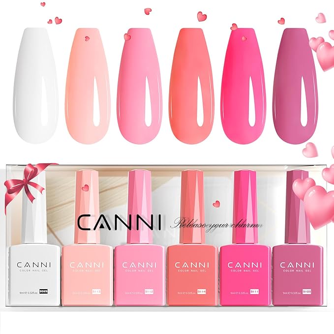 CANNI 6Pcs 9ml Pink Gel Nail Polish Set- Hot Pink Gel Polish Kit DIY at Home Salon Valentines Day Christmas New Year's Gifts for Girls
