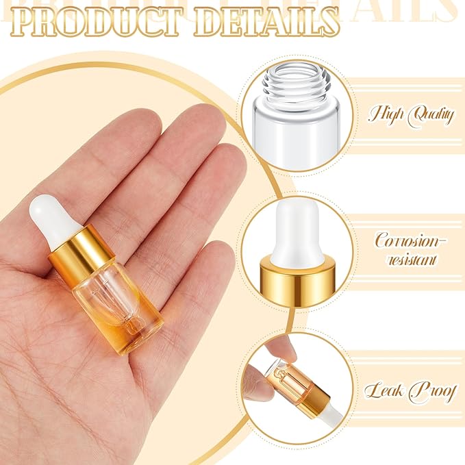 200 Pcs Mini Glass Oil Dropper Bottle Bulk, Clear Essential Small Empty Bottles Sample Containers Perfume Liquid Vials with Cap for Traveling (3 ml,Gold)