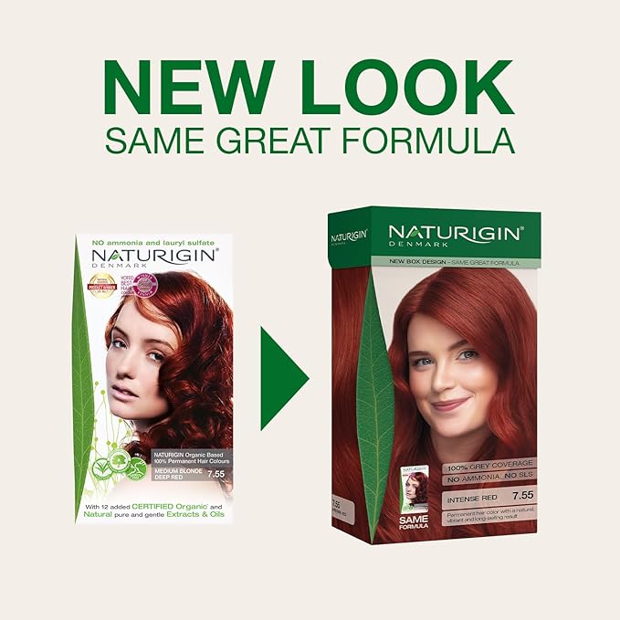 Naturigin Permanent Red Hair Dye - 7.55 Intense Red, Ammonia Free, 100% Gray Coverage, Nourishing Natural Formula, For All Hair Types, Long-Lasting, Vegan & Cruelty-Free, 1 Pack