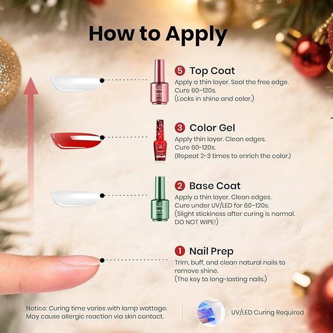 Beetles 27Pcs Gel Nail Polish Kit with U V Light Christmas Gifts for Women Teen Girls - 6 Colors Gel Nail Kit Merry Glitz Red Gold Cat Eye Glitter Jelly Winter Set Soak Off Salon DIY Manicure Set