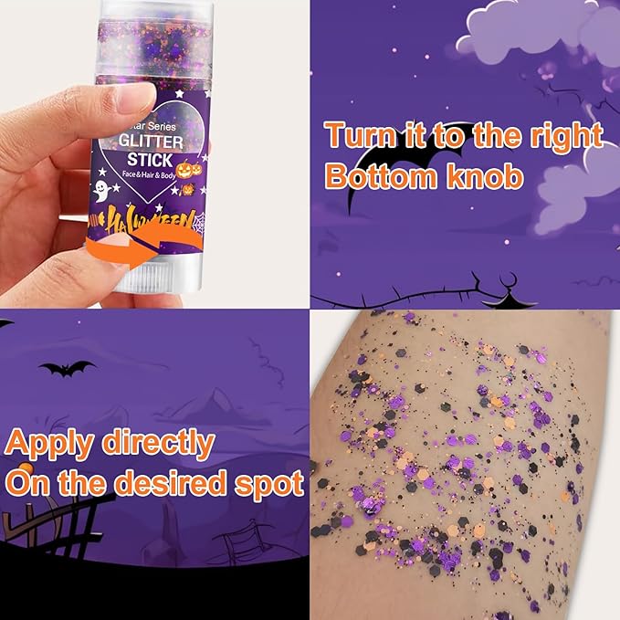 Halloween Body Glitter Stick, Black Orange Purple Sequin Hair Glitter for Rumi Costume Cosplay and Tattoos Makeup, Chunky Glitter Face Paint, Waterproof Face Glitter Gel for Glirs and Women