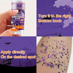 Halloween Body Glitter Stick, Black Orange Purple Sequin Hair Glitter for Rumi Costume Cosplay and Tattoos Makeup, Chunky Glitter Face Paint, Waterproof Face Glitter Gel for Glirs and Women