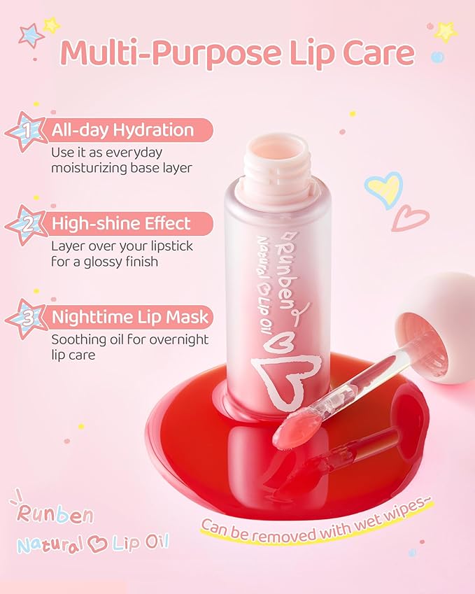 RUNBEN Kids Tinted Lip Oil, 48H Lasting Moisturizing, Glossy Lip Glow Oil, Safe & Non-toxic Makeup for Girls & Teen （Red）