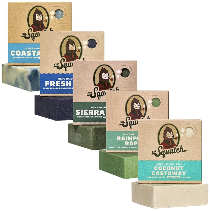 Dr. Squatch Natural Bar Soap for Men - Cold Process Soap with No Harsh Chemicals - Coconut Castaway, Rainforest Rapids, Sierra Storm, Fresh Falls, Coastal Mist (5 oz, 5-Pack)