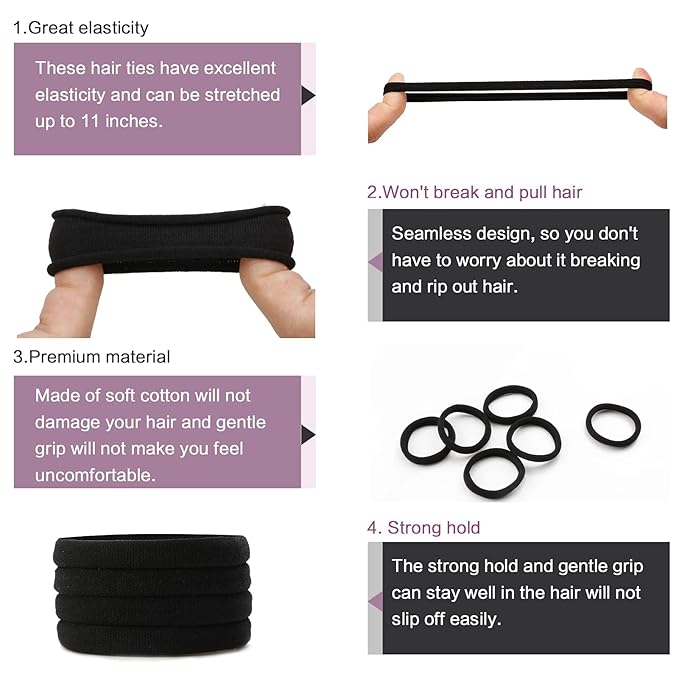 100PCS Black Hair Ties for Women, Seamless Cotton Hair Bands, No Crease No Damage Hair Tie for Thick Thin Hair, Soft Ponytail Holders Hair Accessories for Girls, Chirstmas Gifts