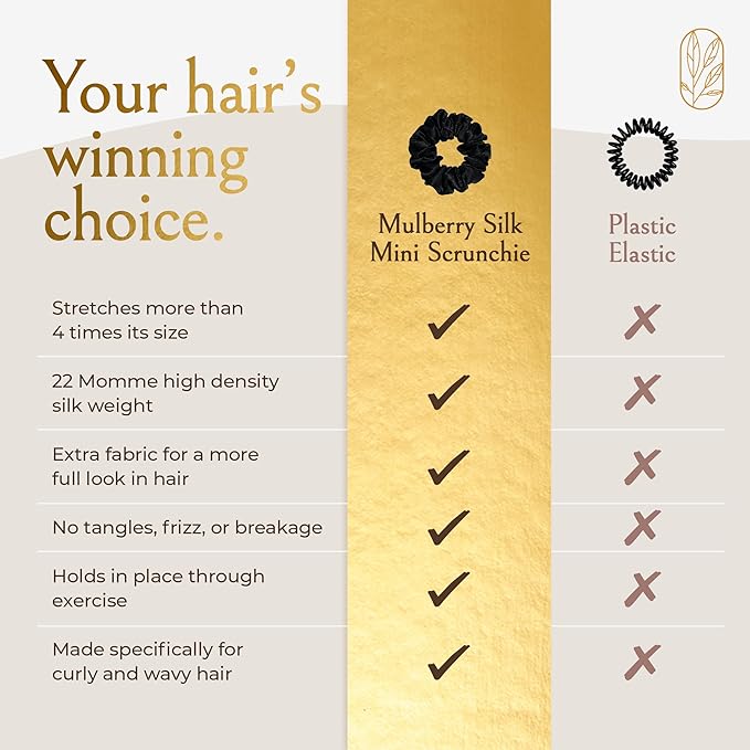 Authentic Mini Mulberry Silk Scrunchies for Women & Kids - Anti Breakage Small Silk Scrunchies for Fine, Curly & Thin Hair - No Dent, No Slip Hair Ties for Buns, Sleep & Ponytail - Onyx Black (3 Pack)