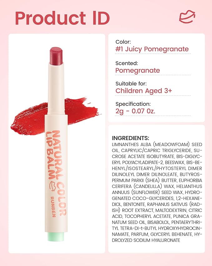 RUNBEN Kids Tinted Lip Balm, Juicy Pomegranate Lipstick, 24H Moisturizing, Safe & Non-toxic Lip Gloss for Kids & Teen, Christmas Makeup Gift for Girls, 2g