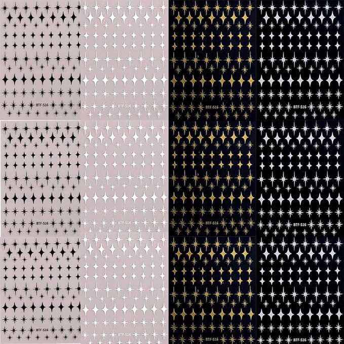 12 Sheets Gold Star Nail Art Stickers Decals 3D Self Adhesive Gold White Black Star Design Nail Art Decal Supplies Accessories for Women Acrylic Manicure DIY Decoration