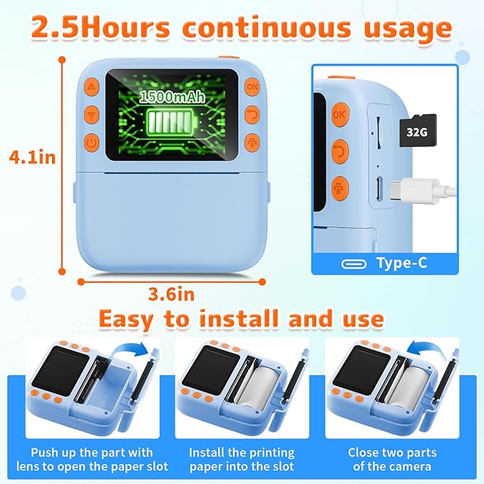 Instant Print Camera for Kids, Christmas Birthday Gifts for Girls Boys, 1080P Instant Digital Print Cameras for Toddler,Portable Toy for 4 5 6 7 8 9 10 Year Old Girl with 32GB SD Card，Light Blue