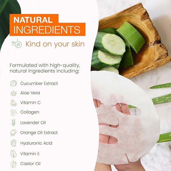 Cucumber & Aloe Sheet Face Mask - Calms & Moisturizes, Reduces Puffiness, Hydrates, Soothes, Dermatologist Tested, Cruelty Free Korean Skin Care For All Skin Types - 5 Masks