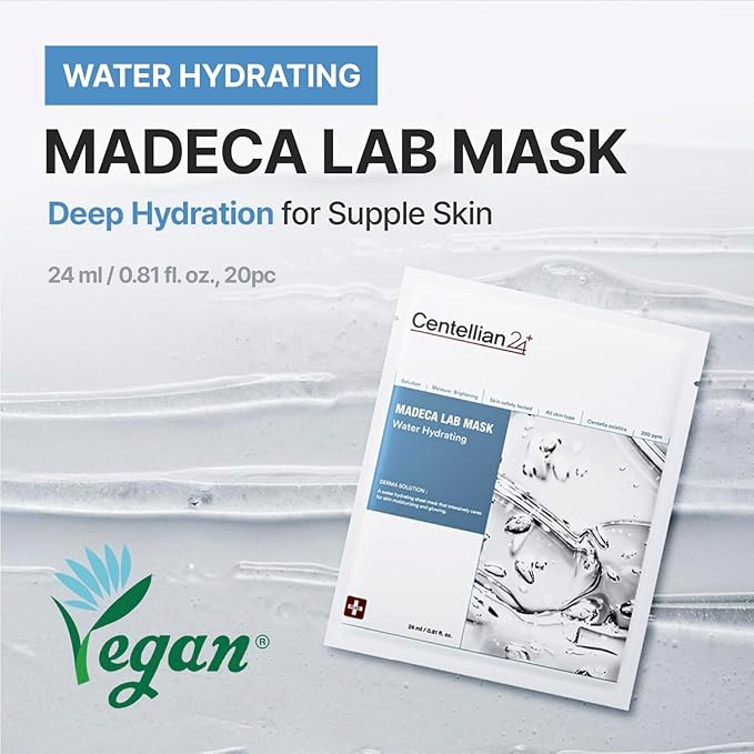 CENTELLIAN 24 Madeca Mask (Water Hydrating, 20pc) - Face Mask Sheet for Deep Hydration, Sun Damage with Centella Asiatica, TECA, Niacinamide, Ceramide. Korean Skin Care for Men Women by Dongkook