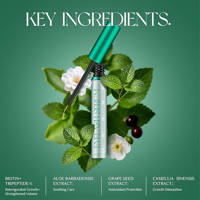 Eyelash Growth Serum: Enhances length, density & strength, conditions lashes. Vegan, cruelty-free, gentle for sensitive eyes. 3mL (2-month supply)