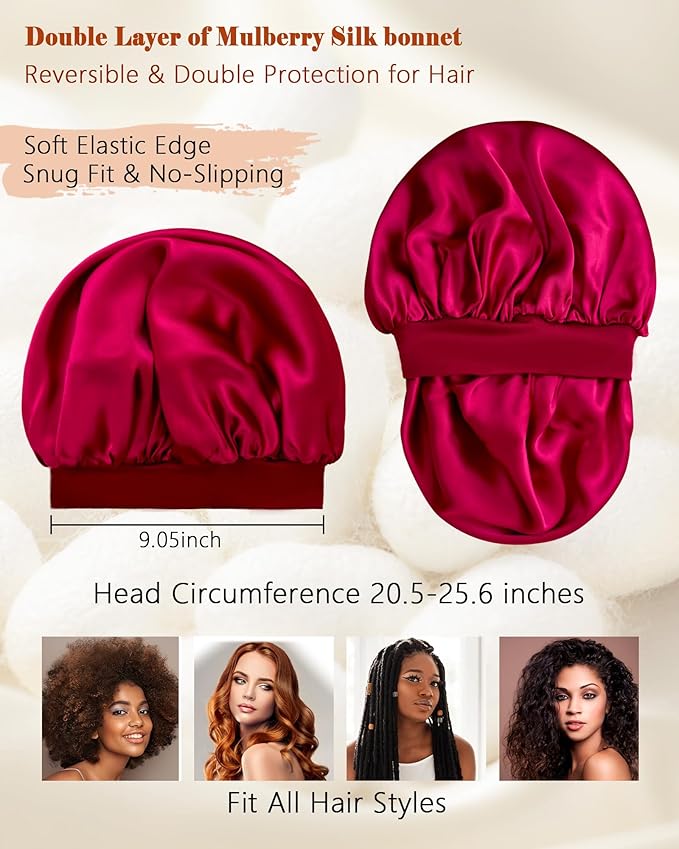100% Mulberry Silk Bonnet for Sleeping Women, Real Pure Silk Bonnets, Double Layer Sleep Cap with Elastic Band for Curly Hair