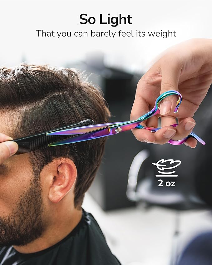 ULG Professional Hair Scissors Kit Right-Hand Razor Edge Barber Scissors Salon Hair Cutting Shears Made of Japanese Stainless Steel, Hand Sharpened 6.5 inch Rainbow
