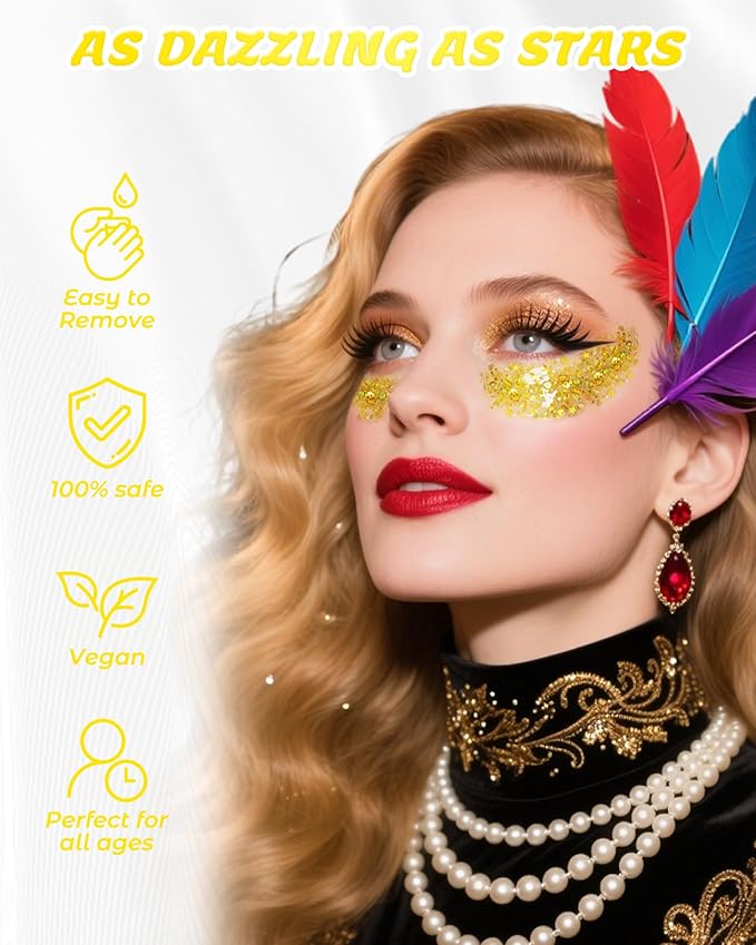 6PCS Gold Face Body Glitter Gel，Holographic Chunky Sequins Body Glitter Paint for Party Singer Concerts Music Festival Rave Accessories for Girls Women Face Body DIY Sparkling Makeup