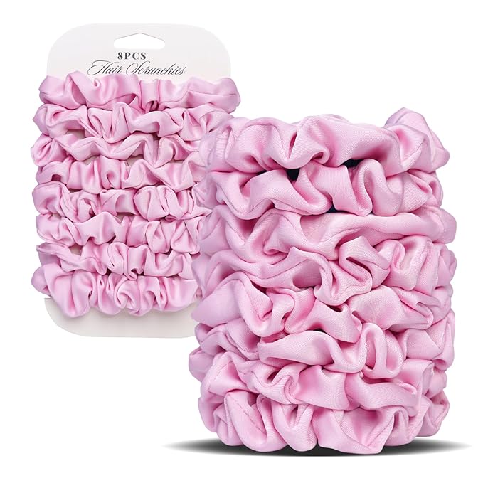 Ultra-Petite Satin Scrunchies for Women – 8PCS Pink Small Hair Ties – Softer Than Silk, No Crease, Frizz-Free, Gentle Elastic Bands for Day & Night, Perfect Gifts