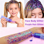 Go Ho Mermaid Purple Face Body Glitter Gel,Holographic Purple Hair Glitter,Mardi Gras Outfit for Women Kids,Chunky Sequins Glitters for Eye Lip Nails,Festival Rave Accessories
