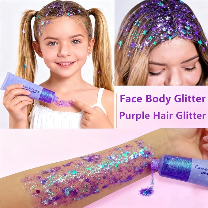 Go Ho Mermaid Purple Face Body Glitter Gel,Holographic Purple Hair Glitter,Mardi Gras Outfit for Women Kids,Chunky Sequins Glitters for Eye Lip Nails,Festival Rave Accessories
