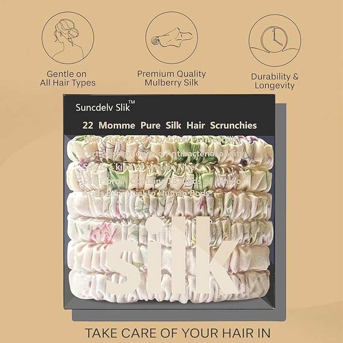 Suncdelv Silk,100% Silk Scrunchies for Hair,22 Momme Hair Ties for Anti-Crease & Breakage,Natural Women Hair Accessories，Fashion Hairbands（Fragmented Flowers）
