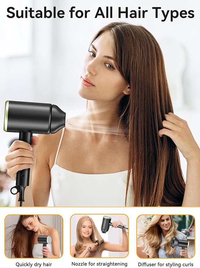 Hair Dryer, 150000RPM Ionic Blow Dryer - Fast Drying, Low Noise, Foldable Portable with Diffuser and Nozzle, Compact Mini for Women and Men, Home and Travel - Black