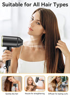 Hair Dryer, 150000RPM Ionic Blow Dryer - Fast Drying, Low Noise, Foldable Portable with Diffuser and Nozzle, Compact Mini for Women and Men, Home and Travel - Black