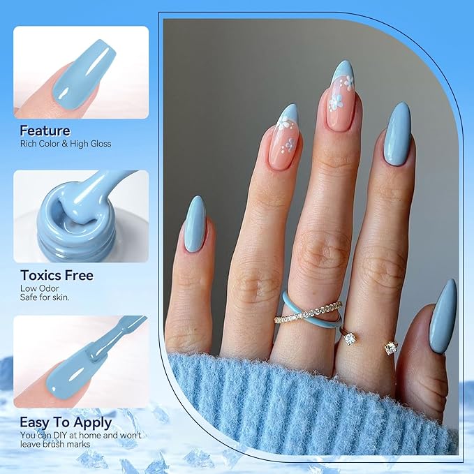 Born Pretty Christmas Blue Gel Nail Polish,Light Baby Sky Blue to Dark Navy Royal Shades 6 Colors Glitter Nail Gel Polish Kit Nail Art Manicure DIY Set Home and Salon Holiday Gifts