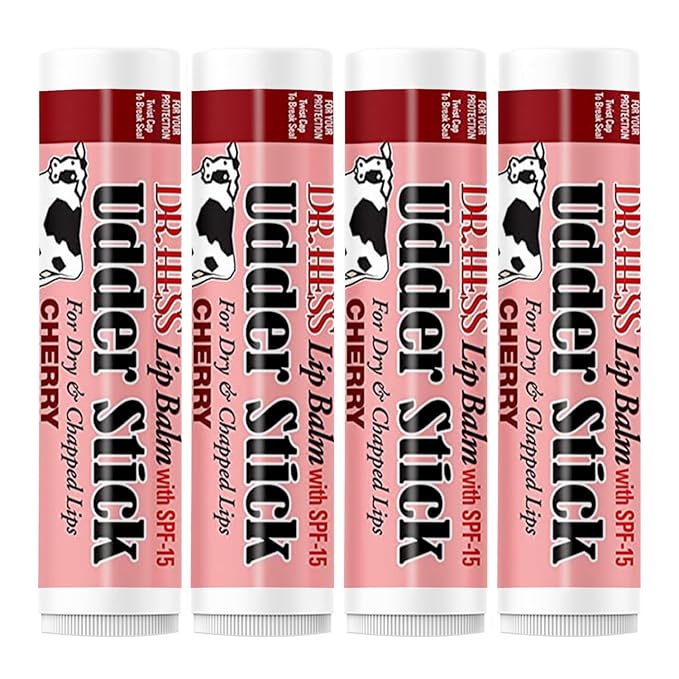 Dr. Hess Original Udder Stick SPF Lip Balm, Soothing Moisturizer Sun Screen Balm for Dry Lips with Jojoba, Beeswax & Shea Butter, Total Lip Care, Hydration & Repair, Cherry Flavor, 4 Pack