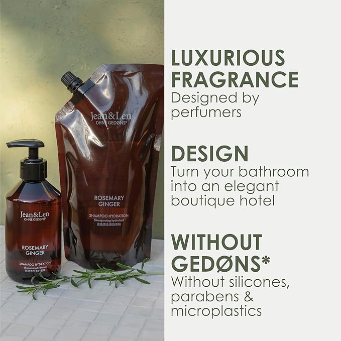 Jean & Len Shampoo Moisturizing Rosemary & Ginger, refill bag, for dry & brittle hair, cleanses & nourishes noticeably, spicy-fresh scent, without silicones and parabens, refill pack 20.29 Fl. Oz.