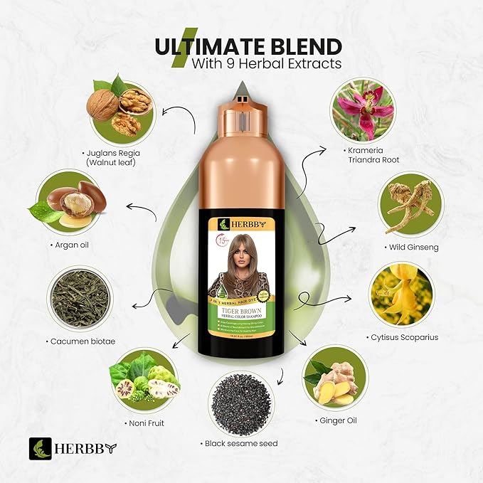 HERBBY Hair Color Shampoo for Gray Hair Coverage&Color Transform with 9 Herbal Extracts –Long Lasting(6-8 Weeks),Shiny,Evenly Colored,Instant Hair Dye Shampoo&Conditioner, 500 Ml (TIGER BROWN COLOR)