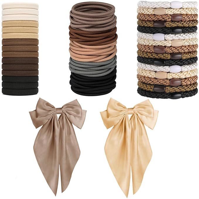 Hair Ties for women 5 styles Hair Elastics(15 No Damage Hair Ties 50 High Elastic Ties 15 Ponytail Holders 2 Big Bow Hair Clips 20Snap Hair Clips)Pain-free No Crease multiple colors for all hair types