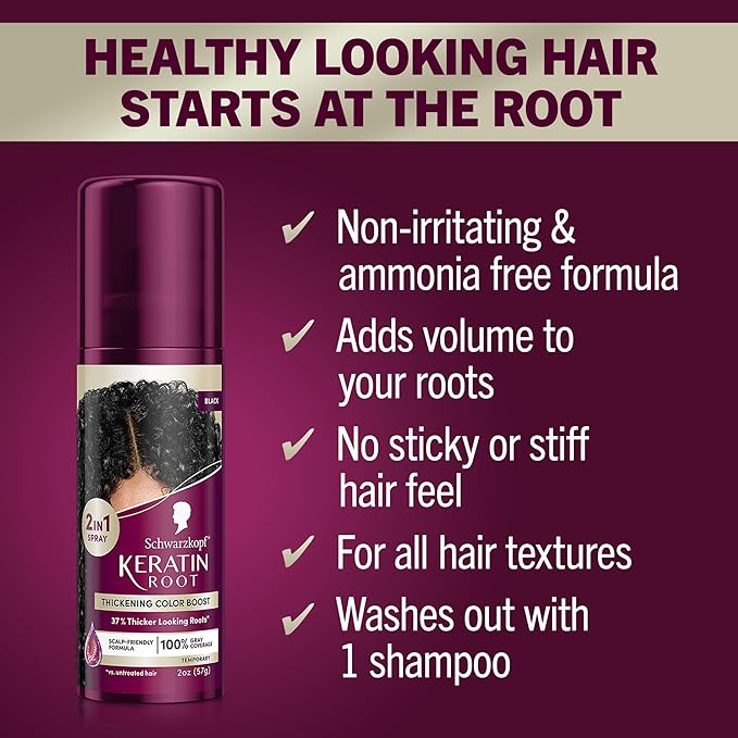 Schwarzkopf Keratin Root Temporary Hair Color Spray, Dark Brown, Instant Gray Coverage, Thicker, Fuller-Looking Roots, Easy-to-Use, No Ammonia, Low Mess Application, Scalp Friendly
