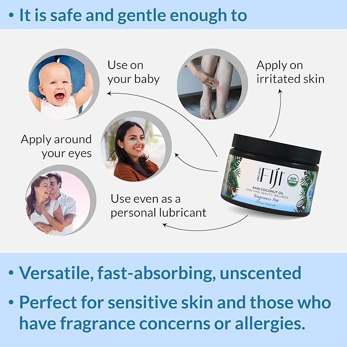 Organic Fiji Cold Pressed Coconut Oil Extra Virgin, Fragrance-Free for Hair, Skin, Face & Body Natural Moisturizer & Massage Oil for Women, Men & Baby 12 oz