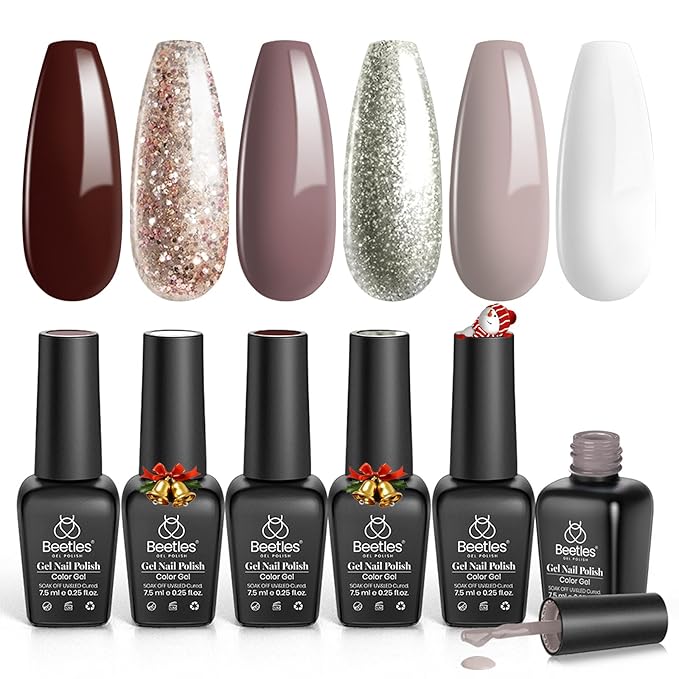 Beetles Winter Gel Polish Set - 6 Colors Brown Gel Nail Polish Christmas, Burgundy Red Brown Champagne Gold Shade Soak off Uv Lamp Nail Manicure Kit DIY Gifts for Women