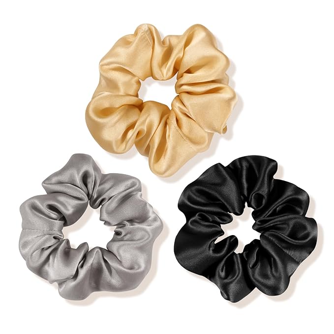 OLESILK 3 Count, 100% Mulberry Silk Scrunchies for Women, Silk Hair Ties for Curly Hair, Pink, Black, Navy, 19MM, 6A Grade, Hair Accessories