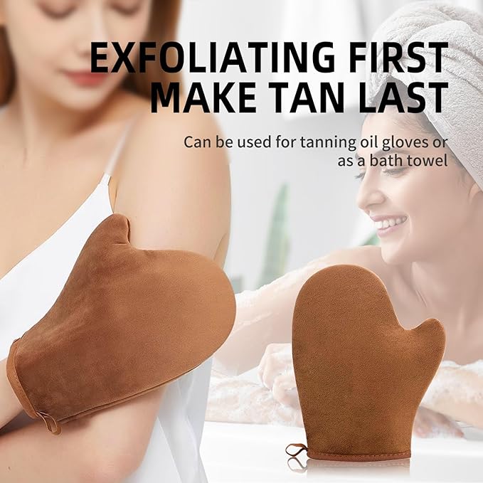 FUNAN Self Tanning Applicator Kit with Tanning Glove for Self Tan Mitt, Back Lotion Applicator, Mini Mitt and Ultra Soft Self Tanner Brush Bamboo Kabuki Brush, Brown