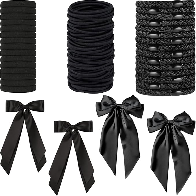 Hair Ties for women 5 styles Hair Elastics(15 No Damage Hair Ties 50 High Elastic Ties 15 Ponytail Holders 4 Bow Hair Clips 20 Snap Hair Clips) Pain-free No Crease multiple colors for all hair types
