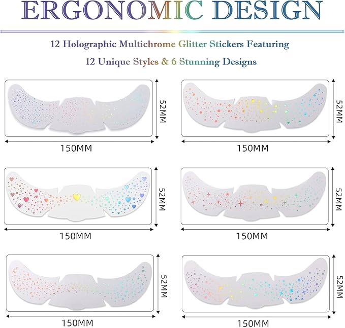 Glitter Freckles, Holographic Face and Body Glitter Tattoo Sparkle for Women Gold Glow Cosmetic Star Makeup Accessories for Festival Rave (12pcs Holographic)