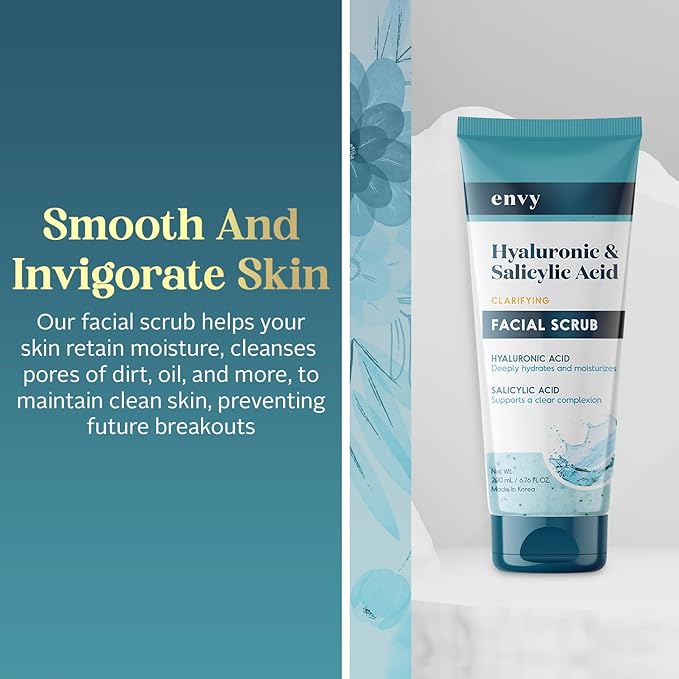 Envy Hyaluronic Acid & Salicylic Acid Face Scrub - Hydrating, Moisturizing & Anti-Aging Facial Exfoliating Scrub - Dermatologist Tested, Clean Beauty for All Skin Types - 6.76 Oz
