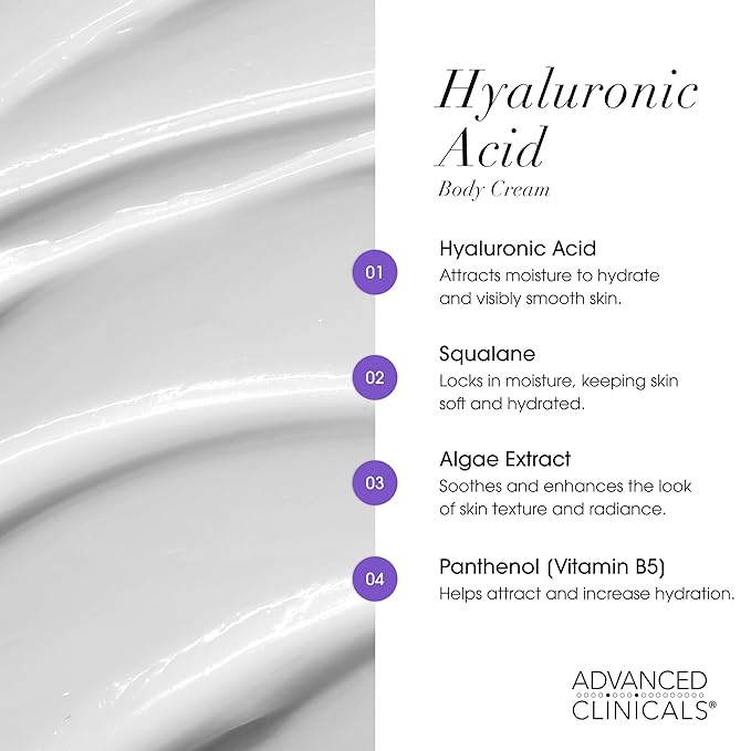 Advanced Clinicals Hyaluronic Acid Moisturizer Body Cream | Hydrating Cream & Body Lotion For Women & Men To Help Improve Look of Wrinkles, Stretch Marks, Dry Skin, & Crepey Skin, 16OZ + Travel Size