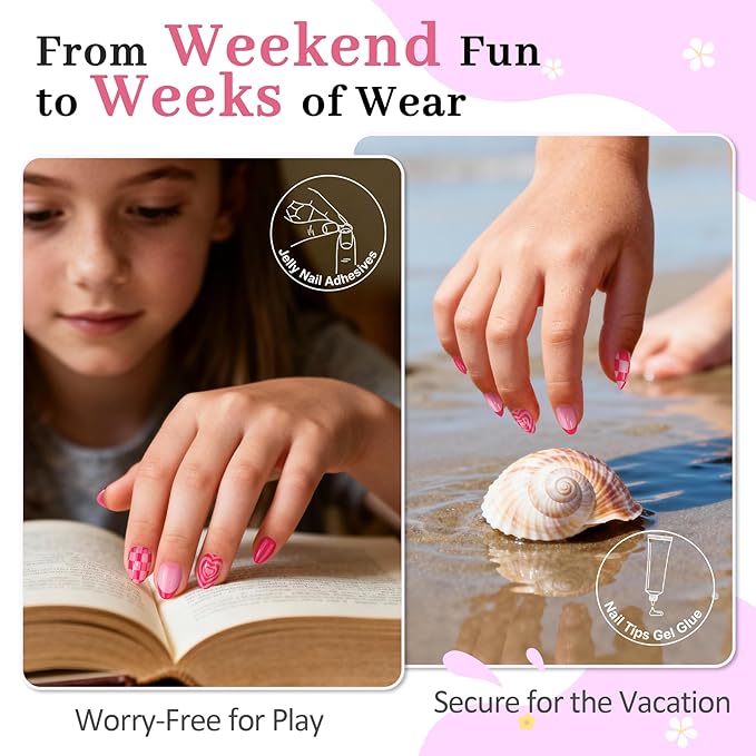 16 Sizes Press on Nails Kit for Kids - 32 Pieces French Almond Fake Nail Tips for Girls 8-12 Years Old with Jelly Nail Adhesives & No-Lamp Nail Glue, Birthday Christmas Gifts (Rose Pink Grid)