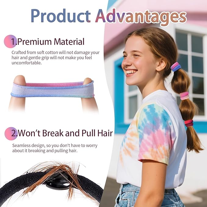 Bessrung 100 PCS Seamless Hair Ties, No Damage Elastics Hair Ties for Women Girls, Strong Hold No Slip Hair Bands, Soft Stretchy Ponytail Holders for Thin Thick Hair (Rainbow Color)
