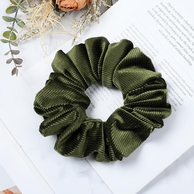 CEELGON Olive Green Big Corduroy Scrunchie 6.5 Inches Jumbo Scrunchies Hair Ties Oversized Ponytail Holder for Thick Curly Hair Extra Large Hair Accessories for Women (Olive Green)