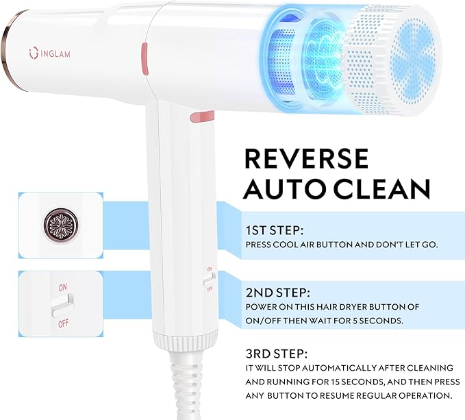 Hair Dryer, IG INGLAM Professional 110,000 RPM High Speed Blow Dryer, Negative Ion Low Noise 3 Heat Settings & 3 Speed & Cold Settings, Lightweight for Travel Home Salon Ionic Hair Dryer