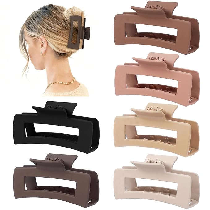 4 Inch Big Hair Claw Clips 6 Pcs Large Claw for Thick Hair Square Hair Clips for Women Rectangle Hair Clips Nonslip Acrylic Banana Jaw Clips Hair Accessories for Girls (Coffee Brown)