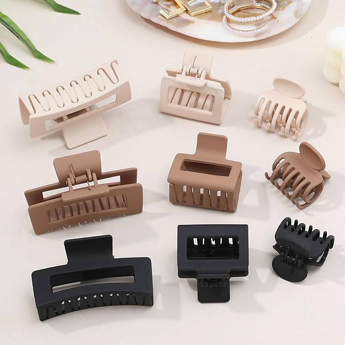 Medium Claw Hair Clips Set for Women - 3 Styles, 9 pcs Rectangle Clips for Thick Hair, Square Clips for Thin Hair - Brown