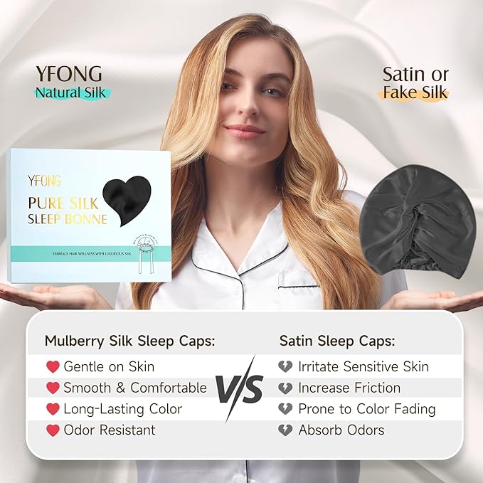 YFONG Double Layered 100% Mulberry Silk Bonnet for Sleeping Women, 22 Momme 6A Luxury Silk Sleep Cap with Elastic Band & Tie, Natural Night Wrap for Hair Care Short Long Curly Hair, Black