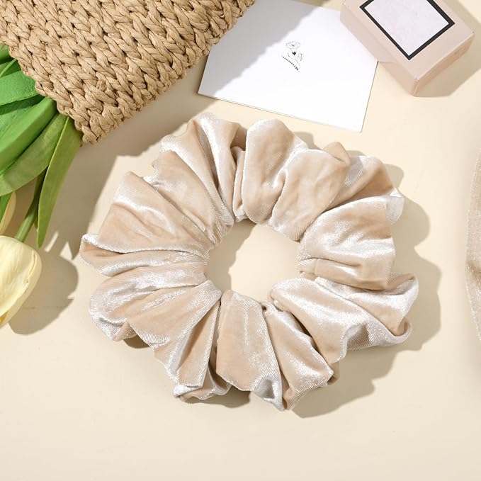 CEELGON Beige Big Velvet Scrunchie 6.5 Inches Jumbo Scrunchies Hair Ties Oversized Ponytail Holder for Thick Curly Hair Extra Large Hair Accessories for Women (Beige)