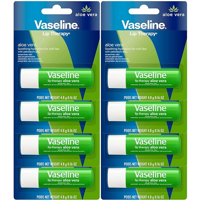 Vaseline Lip Therapy Aloe Fresh 8-Pack – Moisturizing Lip Balm for Very Dry Lips, 0.16 Oz Ea